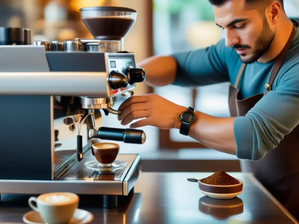 Preparar espresso italiano perfecto en un tradicional café del sur de Italia, donde un hábil barista experto prepara el café perfecto