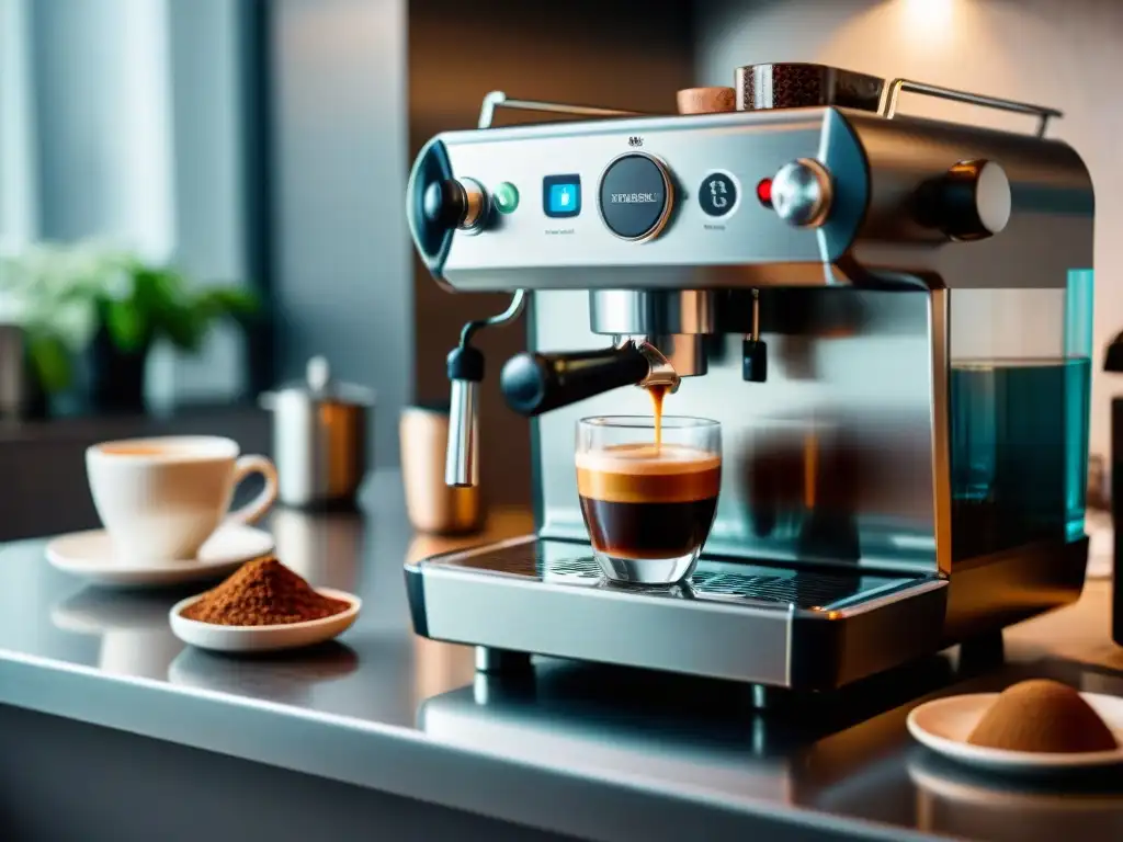 Un espresso perfecto en una cocina acogedora, rodeado de granos de café, tazas italianas y un diseño elegante