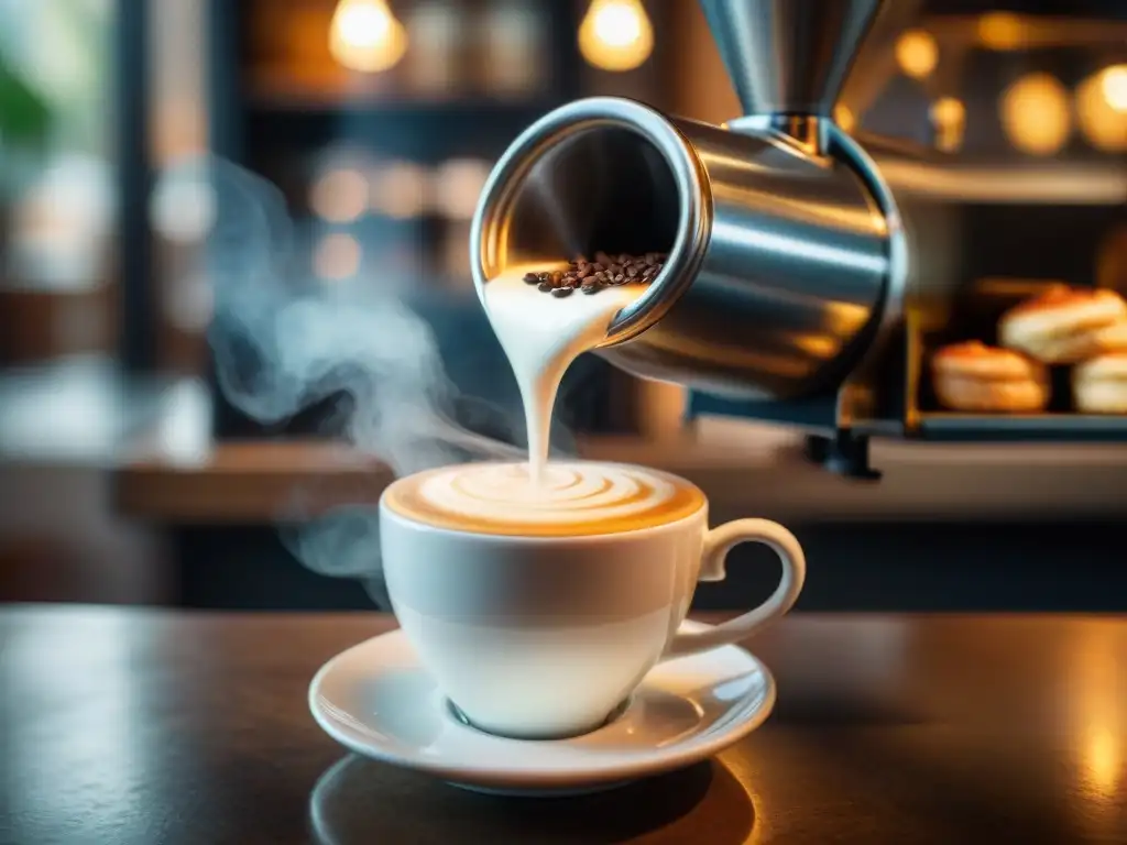 Un espresso recién hecho vertiéndose en una taza de porcelana, con crema oscura y vapor, en un café italiano rústico