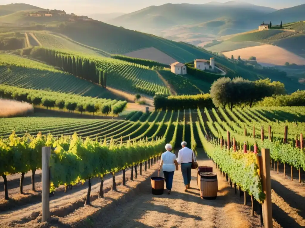 Estancias familiares en viñedos italianos: Familia italiana cosechando uvas al atardecer en un viñedo pintoresco