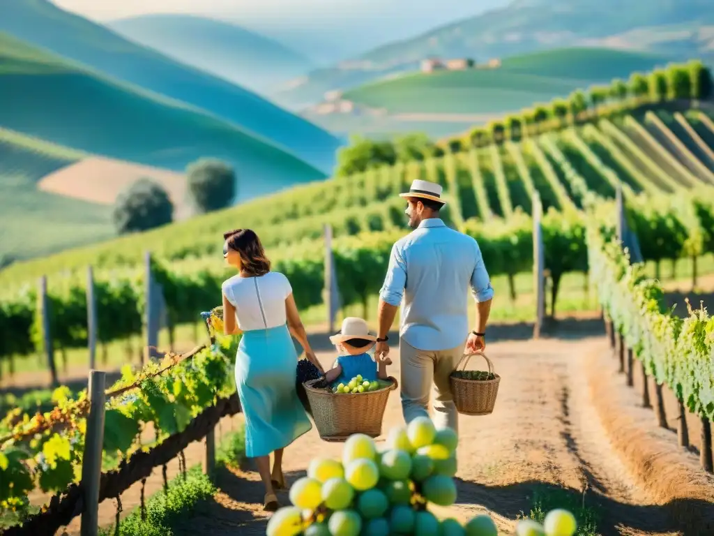 Estancias familiares en viñedos italianos: familia feliz recolectando uvas en un paisaje idílico