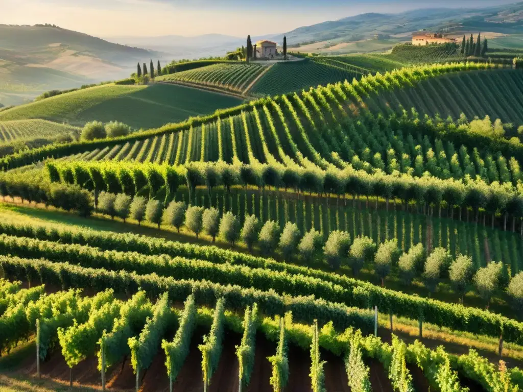 Estancias en viñedos italianos exclusivas: vista aérea de viñedos verdes interminables bañados por el sol en Toscana