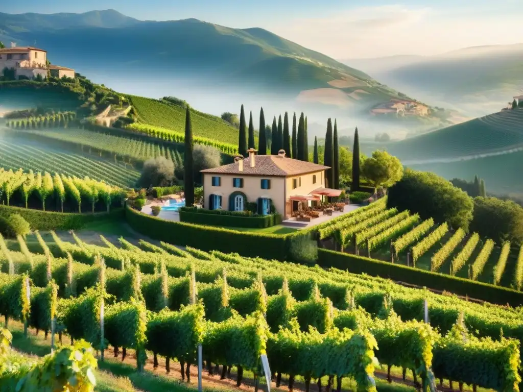 Estancias en viñedos italianos exclusivas: Una finca lujosa con viñedos, villa, piscina y cena elegante al aire libre bajo el sol dorado