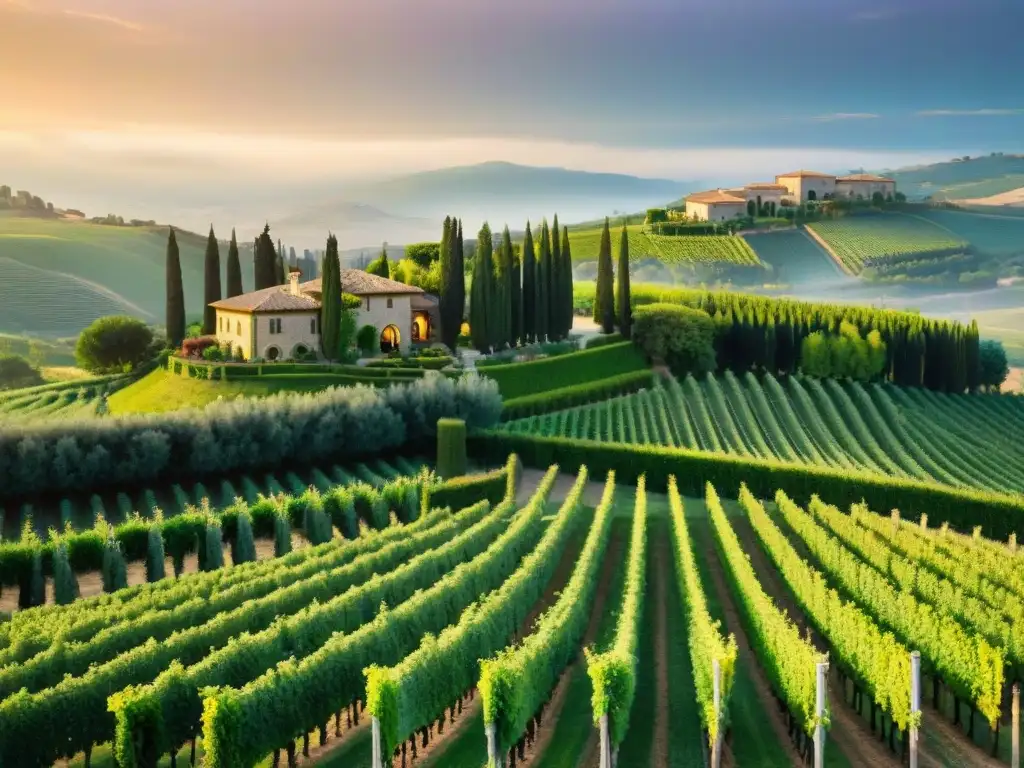 Estancias en viñedos italianos de lujo: espectacular finca con viñedos verdes, villa elegante, atardecer dorado y cipreses imponentes