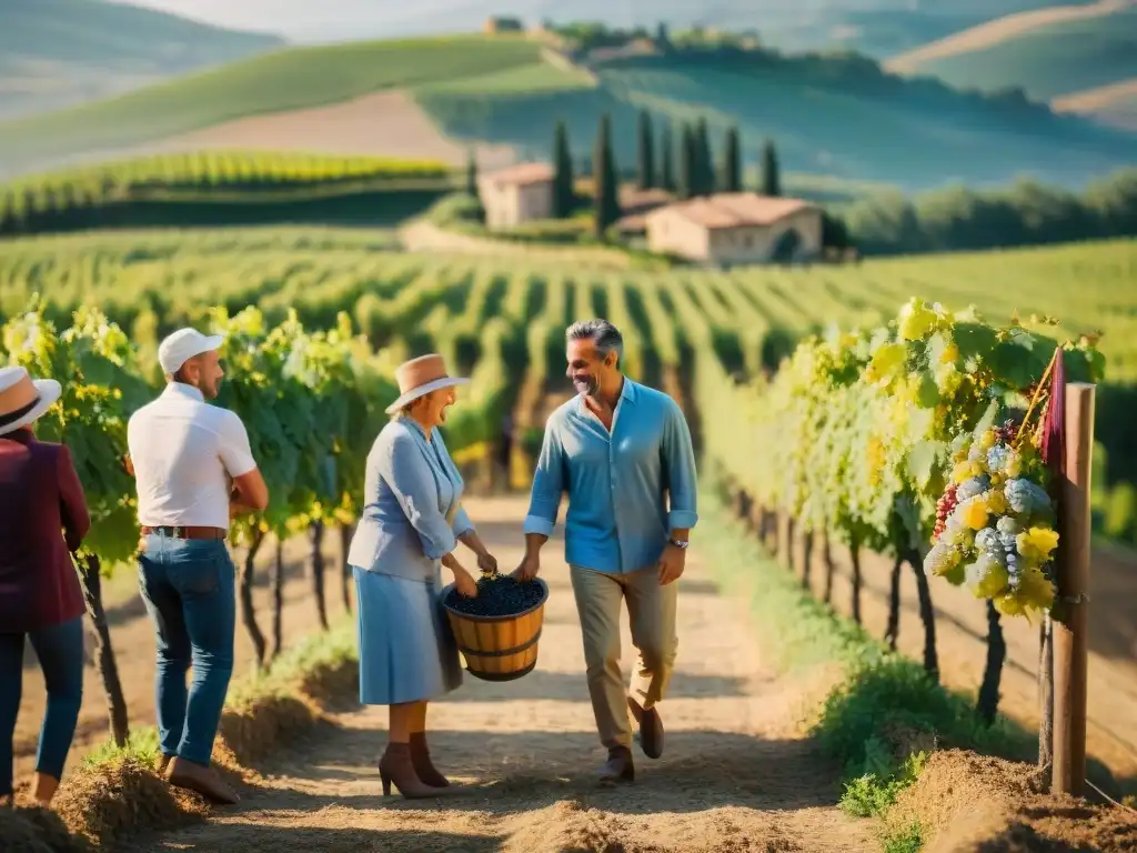 Estancias en viñedos italianos: Participantes disfrutan de pisar uvas en una bodega de la Toscana, bajo el cálido sol y colores vibrantes