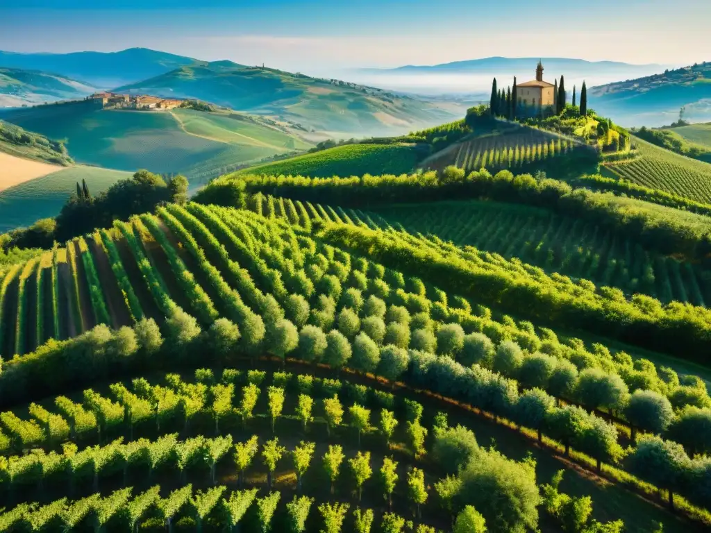 Estancias en viñedos italianos: Vibrantes viñedos en Toscana bajo el cálido sol, transmitiendo tranquilidad y tradición