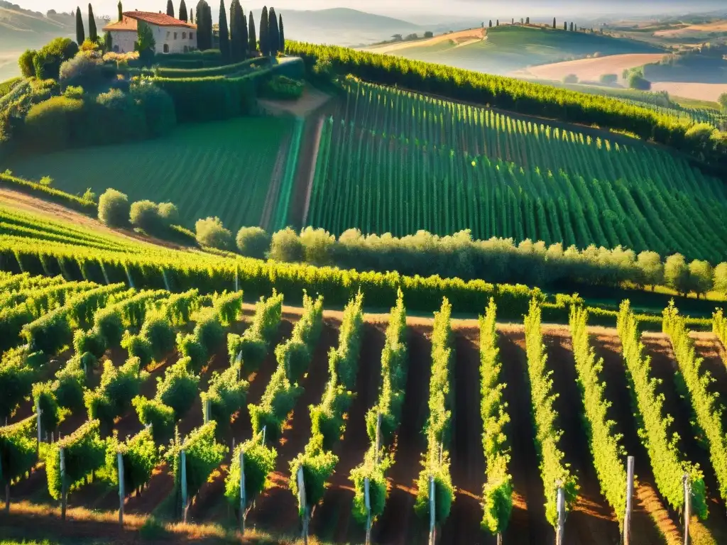 Estancias en viñedos italianos: Vista aérea impresionante de viñedos verdes en Toscana, con cipreses y casa rústica