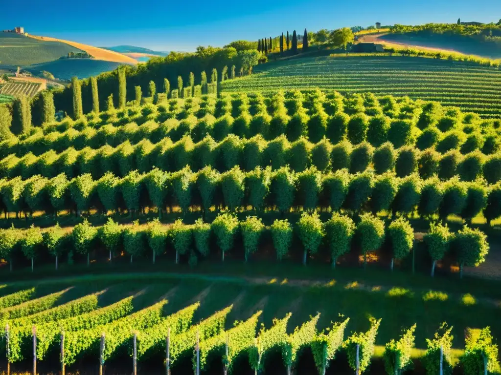 Estancias en viñedos italianos: Vista aérea impresionante de viñedos verdes y colinas en Italia, con una casa toscana entre las vides