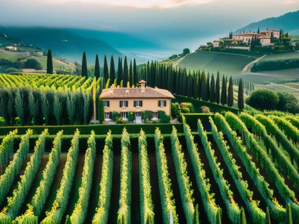 Estancias en viñedos italianos: Vista aérea de una histórica finca vinícola rodeada de viñedos verdes y soleados