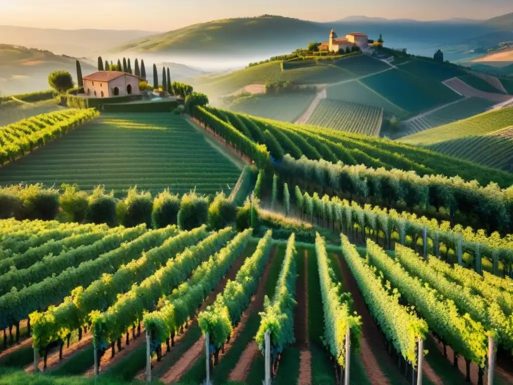 Estancias en viñedos: atardecer en un viñedo italiano con viñedos verdes, colinas doradas y casa tradicional