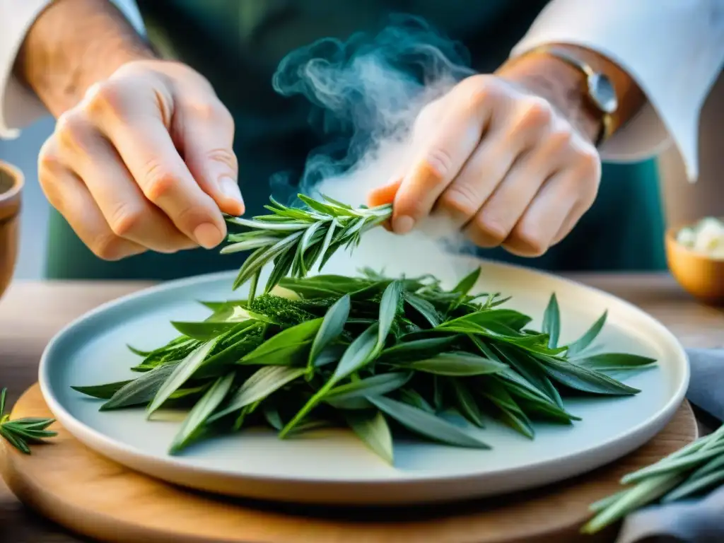 Secreto estragón cocina italiana: Chef esparciendo hojas frescas sobre exquisito platillo italiano en cocina rústica