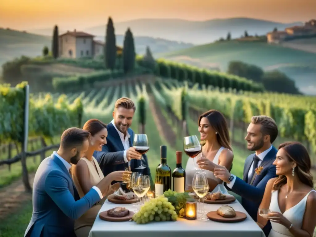 Evento vinícola exclusivo con cocina italiana en Toscana: degustación al aire libre bajo luces brillantes entre viñedos exuberantes