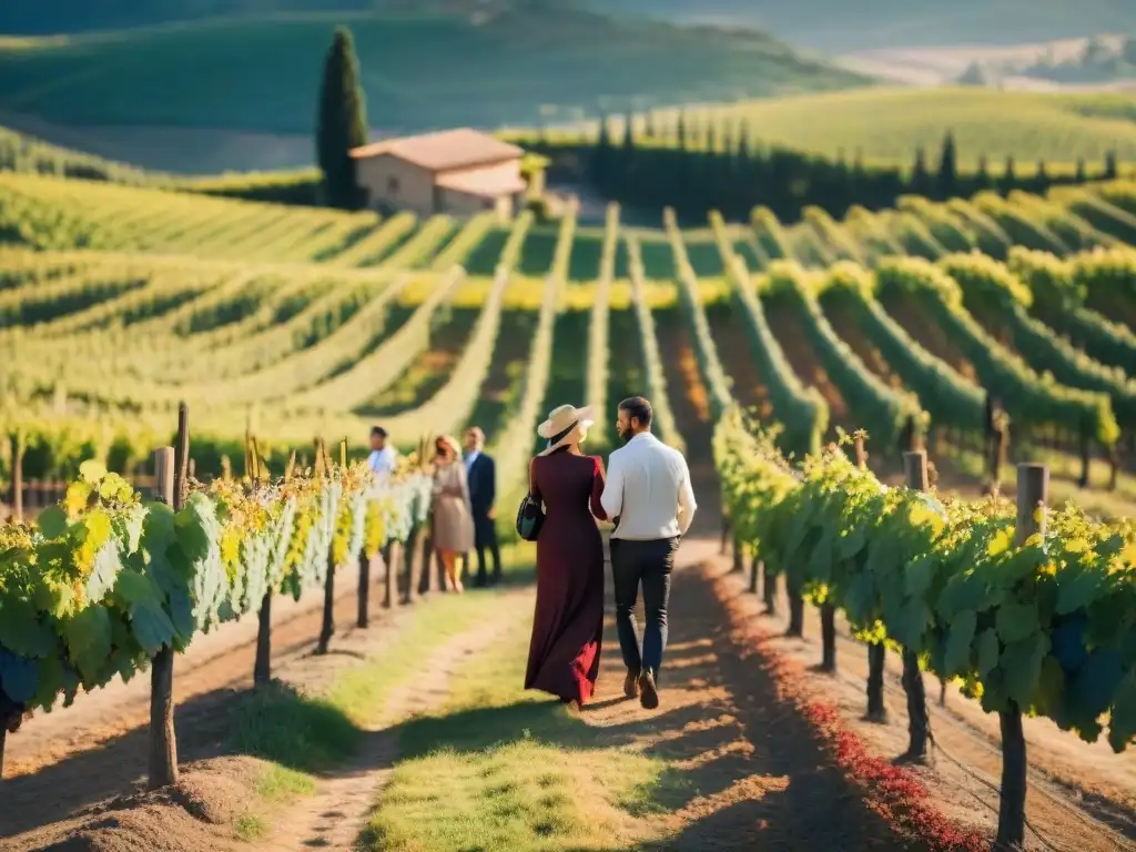 Un evento vinícola imperdible para amantes del vino en una bodega de la Toscana al atardecer