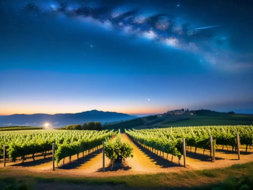 Un evento vinícola nocturno en Italia: viñedo bajo el cielo estrellado, uvas iluminadas por la luna, gente disfrutando vino