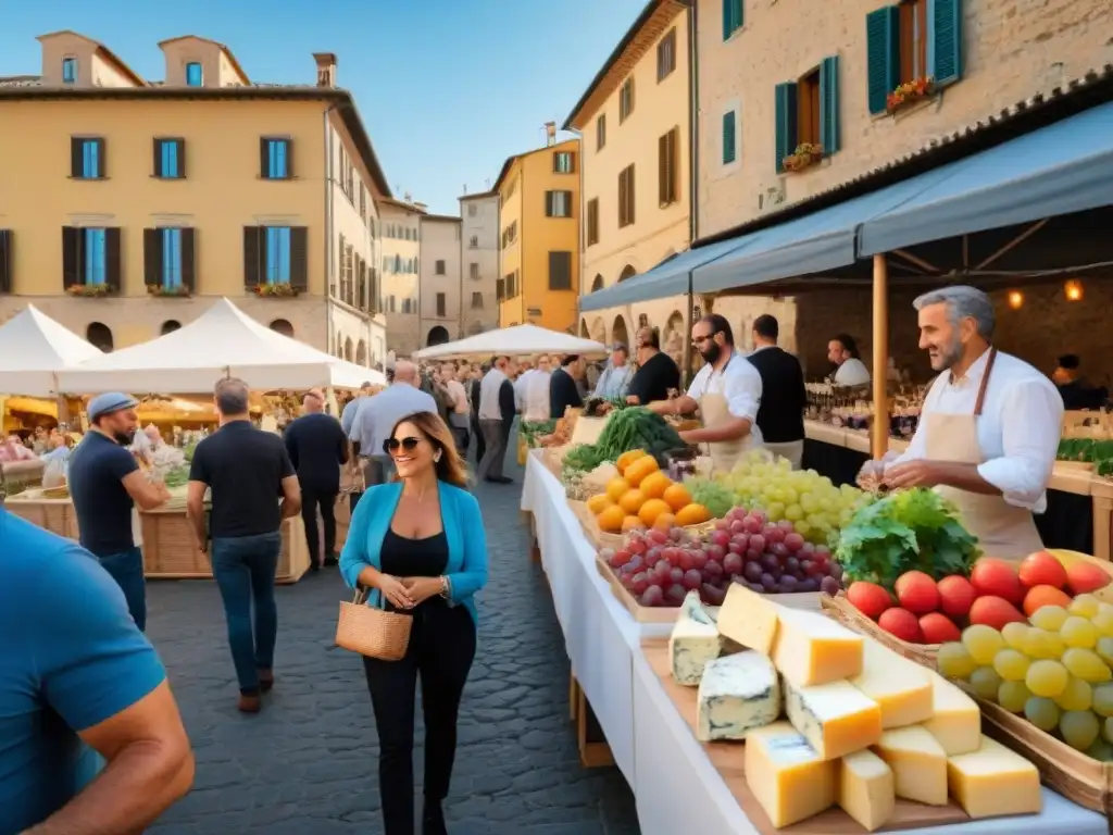 Evento de vino natural y cocina italiana en un vibrante mercado al aire libre en la Toscana, Italia