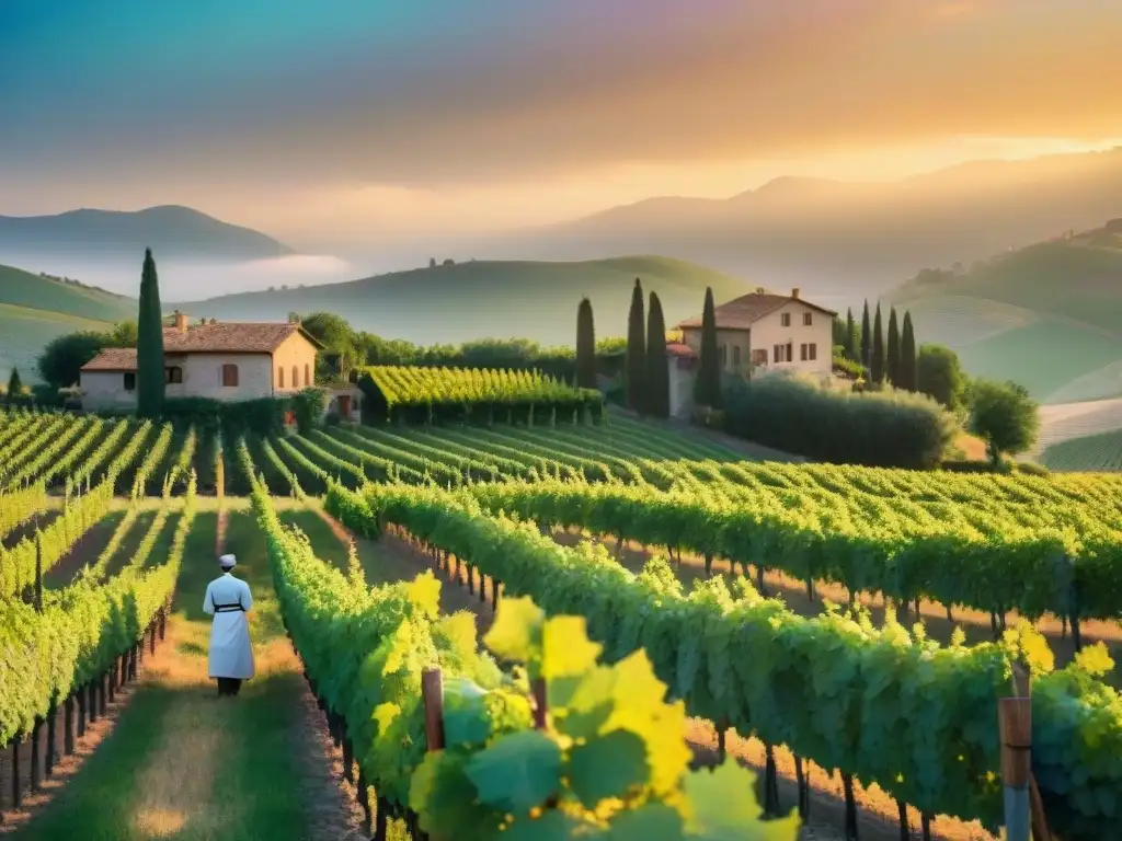 Experiencia en viñedo italiano: cata de vinos al atardecer Un exclusivo evento vinícola con cocina italiana creativa en un viñedo sereno al atardecer