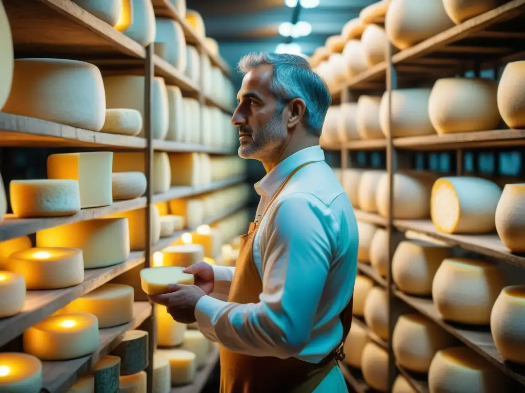 Experencia y arte: maestro quesero italiano inspecciona ruedas de Parmesano en bodega centenaria