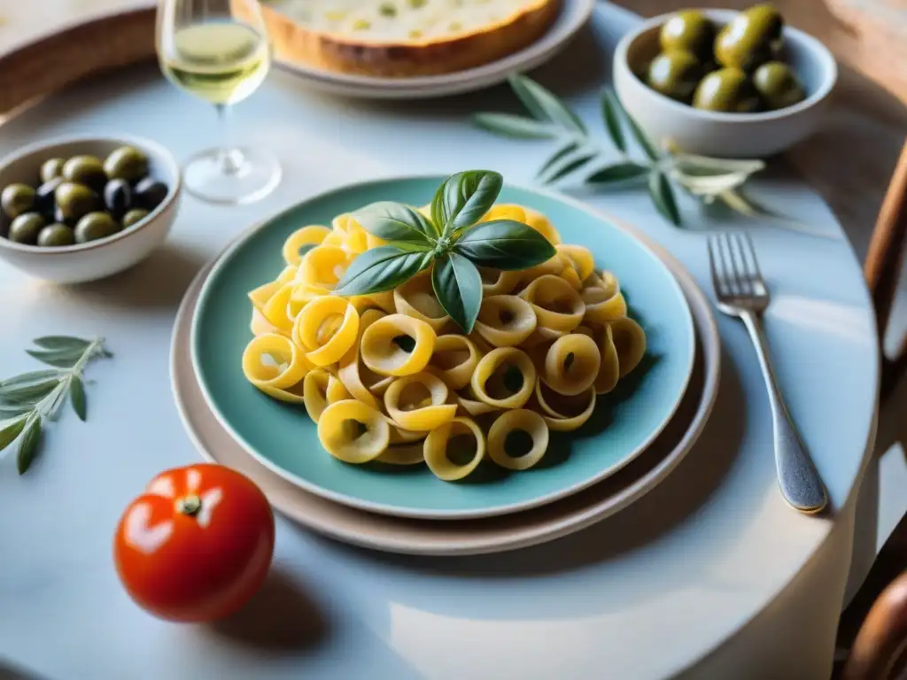 Experiencia auténtica en mesa italiana: mesa decorada con cerámica y platos de pasta fresca en el sur de Italia