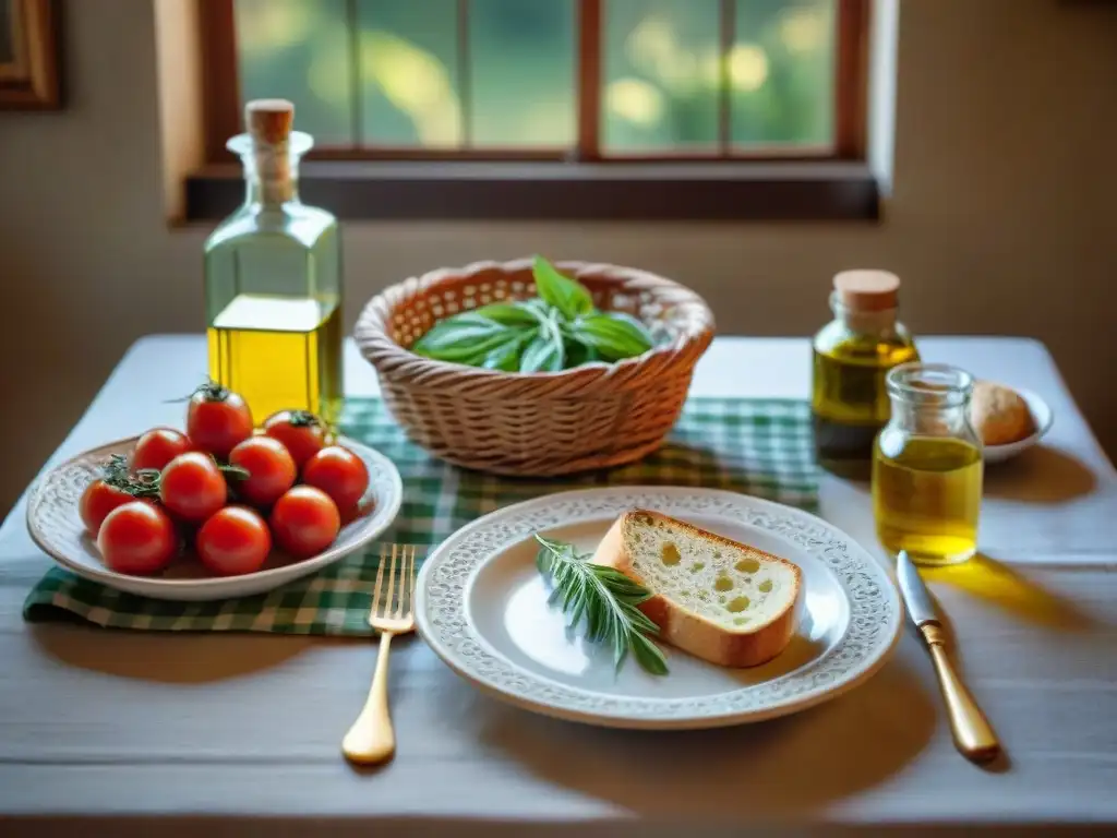 Experiencia auténtica en mesa italiana con cerámica, aceite de oliva y pan casero bajo luz cálida