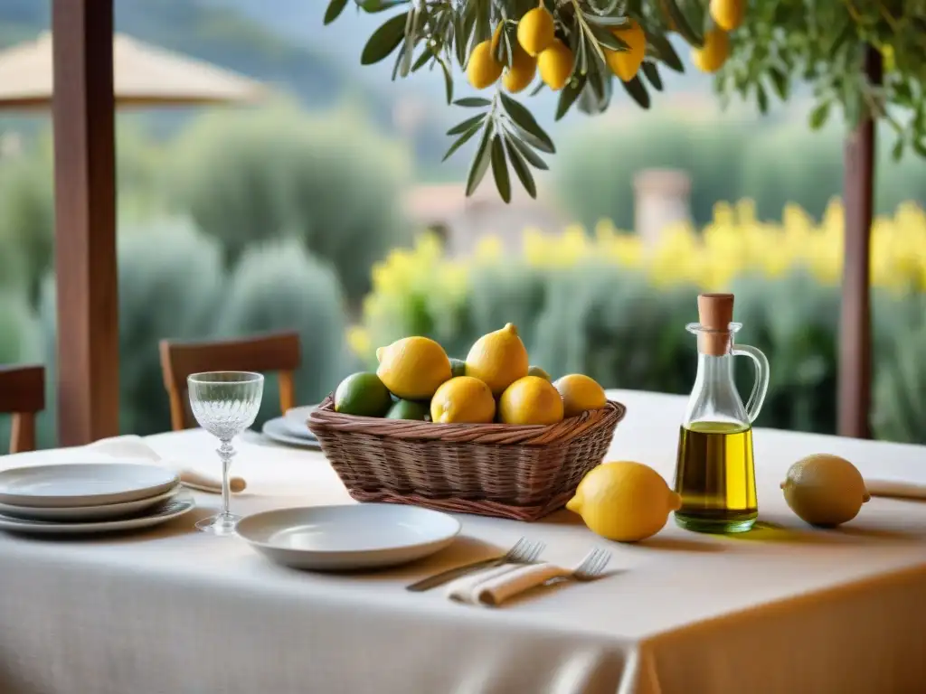 Experiencia auténtica mesa italiana: mesa de comedor en villa italiana con cerámica colorida, limones frescos y vino tinto