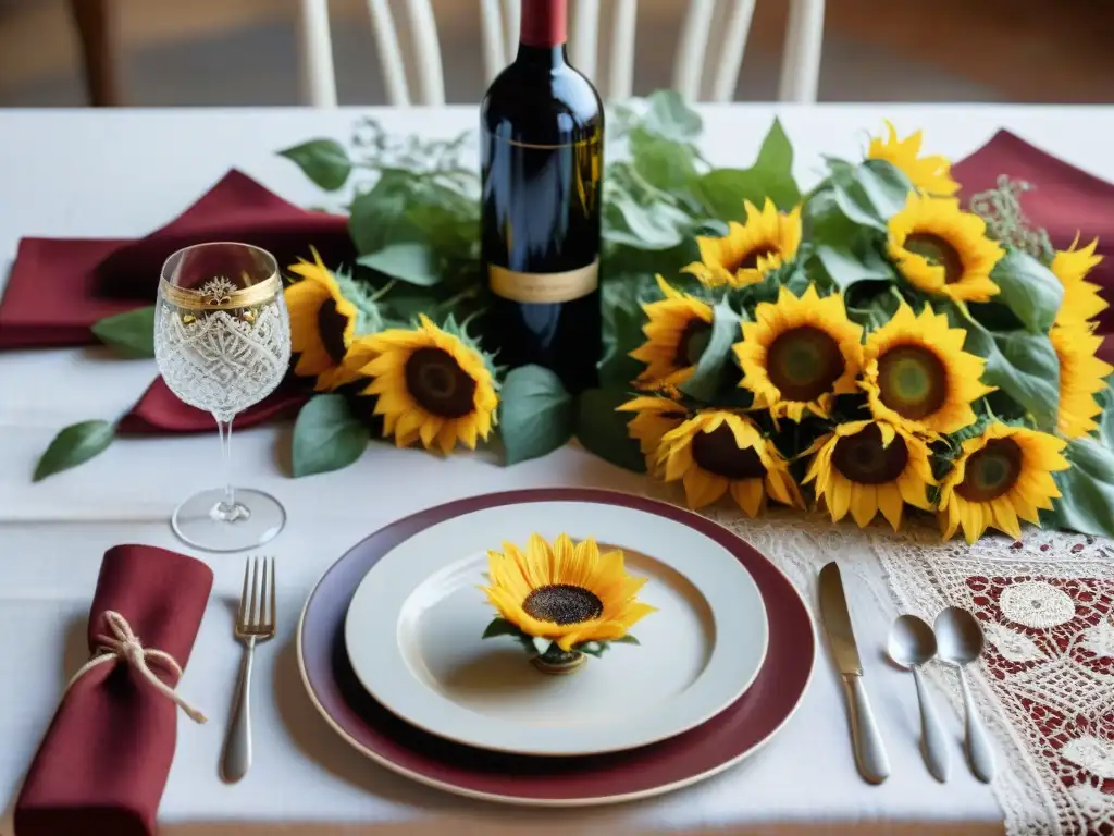 Experiencia auténtica mesa italiana: mesa bellamente decorada con vajilla pintada a mano, cubiertos de plata, copas de vino y girasoles