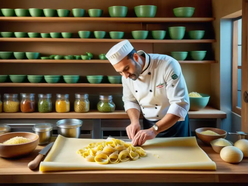 Experiencia culinaria italiana: chef experto haciendo pasta a mano en cocina rústica