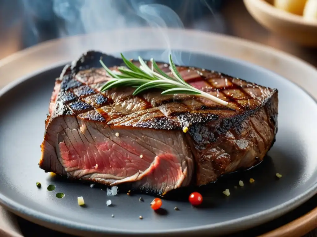 Una experiencia culinaria toscana: Detalle de un jugoso bistec Fiorentina a la parrilla con hierbas y sal marina, envuelto en humo aromático