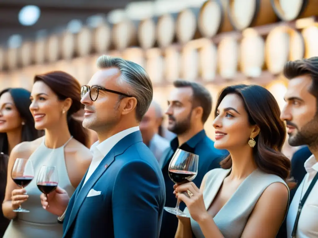 Experiencia enológica en Vinitaly Verona Italia: Visitantes disfrutando de una sesión de cata de vinos entre luces cálidas y botellas de vino