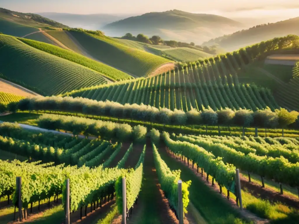 Una experiencia exclusiva de catas de vino en viñedos, con sommeliers admirando la belleza del paisaje al atardecer