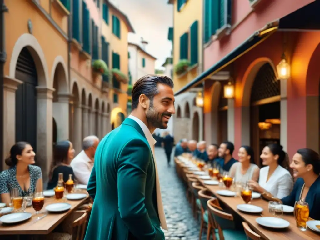 Experiencia gastronómica italiana con música: Calles bulliciosas de Italia, cafés encantadores y músicos en vivo crean un ambiente vibrante