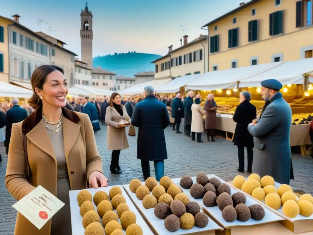 Experiencia gastronómica en el mercado de trufas de San Miniato con vibrante escena de compradores y vendedores