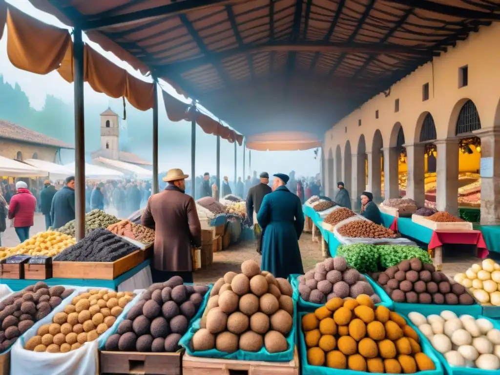 Experiencia gastronómica en el mercado de trufas de San Miniato, Italia, con coloridos puestos y productos frescos