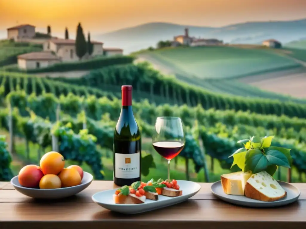 Experiencia gourmet en viñedos italianos: mesa con bruschetta, pasta, quesos y vinos finos al atardecer