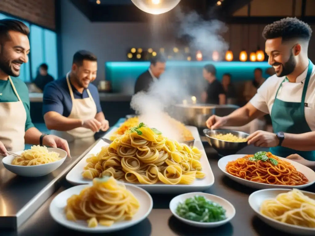 Experiencia interactiva en bar pasta: Escena vibrante de diversidad y alegría en un bar de pasta, con ingredientes coloridos y actividades animadas