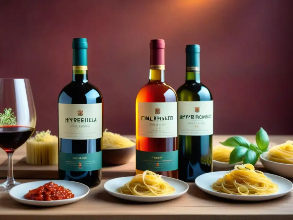 Experiencia única degustación pasta fresca: mesa rústica con vinos, salsas y pasta fresca, iluminación cálida y acogedora