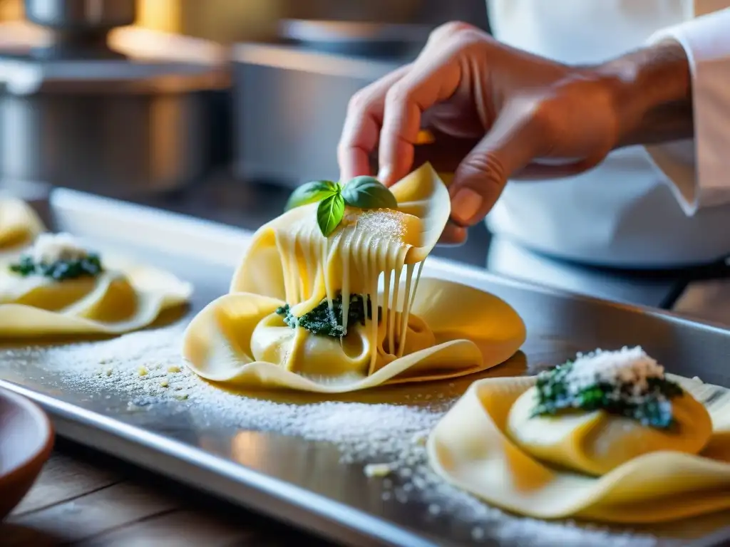 Experiencia única degustación pasta fresca: Chef experto elaborando ravioli rellenos en cocina italiana vibrante