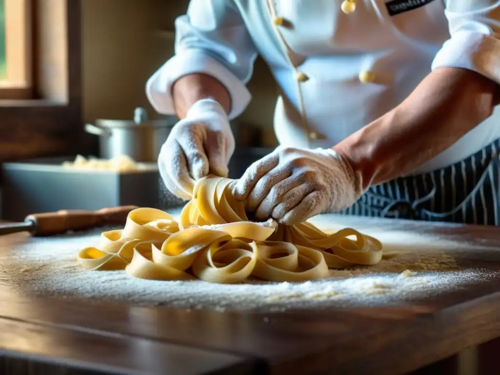 Experiencia única degustación pasta fresca: Chef amasando pasta fresca a mano en cocina soleada y rustica