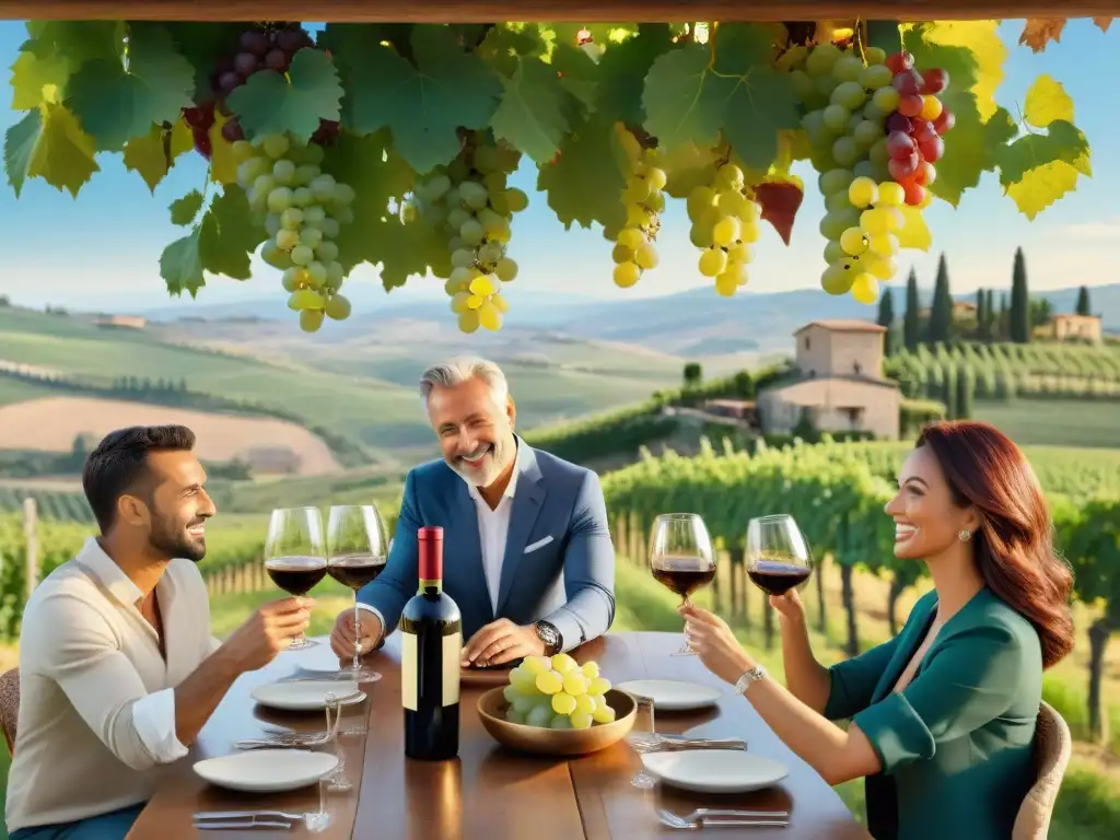 Una experiencia única en viñedos italianos naturales: visitantes disfrutan de una cata de vinos al atardecer en la Toscana