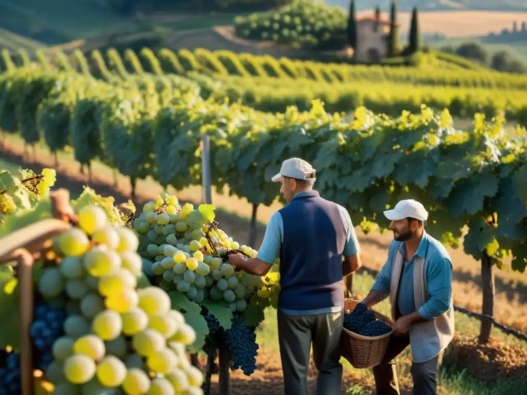 Experiencia de la vendimia manual de uvas Sangiovese en Toscana, Italia, bajo la luz dorada