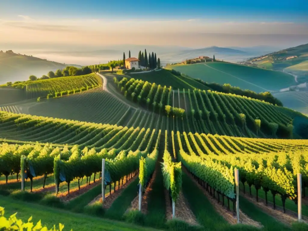 Experiencias de alojamiento en viñedos en Italia: viñedo pintoresco al atardecer en Piamonte, con filas de uvas verdes y casa rural entre las vides