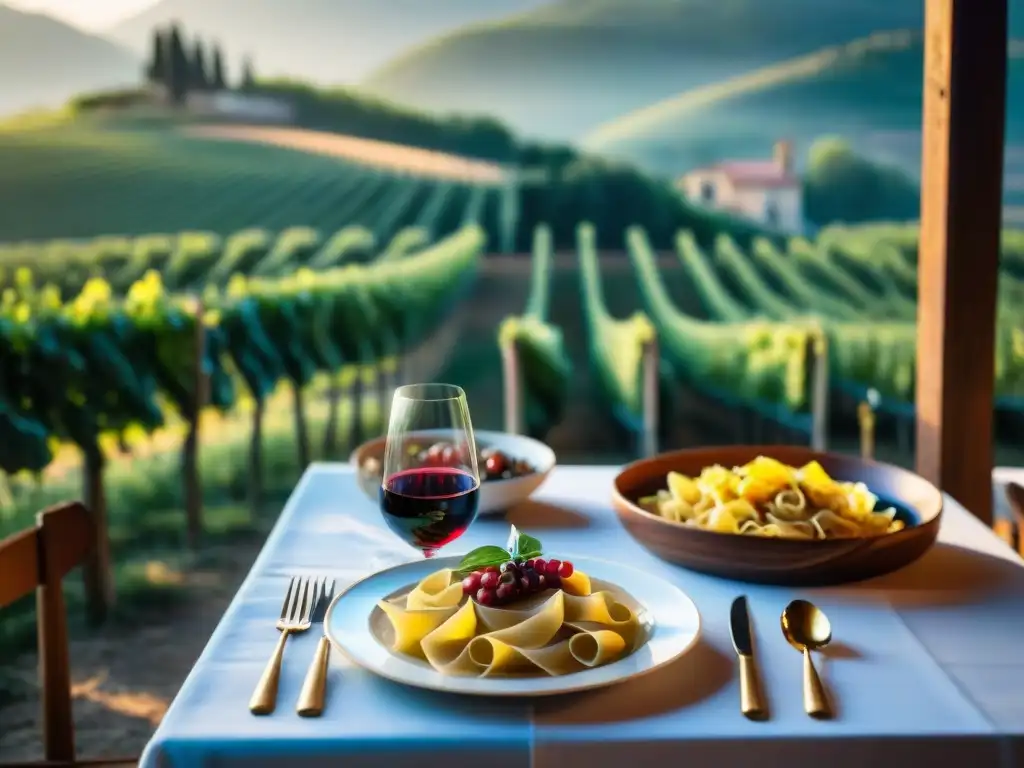 Experiencias culinarias italianas en bodas: Mesa con pasta fresca, antipasto y vino tinto, iluminada por el sol entre viñedos