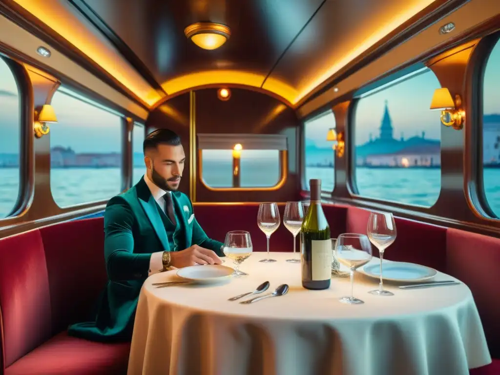 Experiencias culinarias de lujo en el Venice Simplon Orient Express, con elegante decoración y comensales disfrutando de una exquisita cena