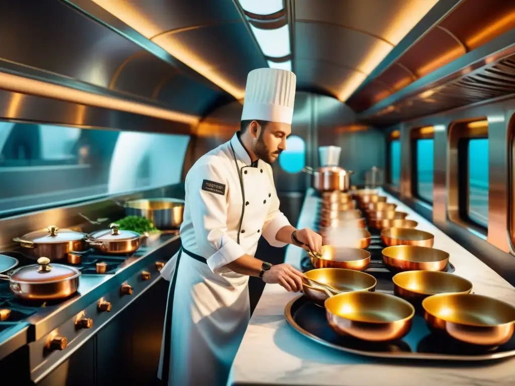 Experiencias culinarias en Venice Simplon OrientExpress: Chefs preparando platos gourmet en la lujosa cocina del tren