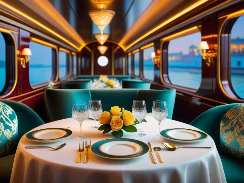 Experiencias culinarias en el Venice Simplon OrientExpress: mesa lujosa con vajilla fina y cristalería brillante en el lujoso vagón restaurante