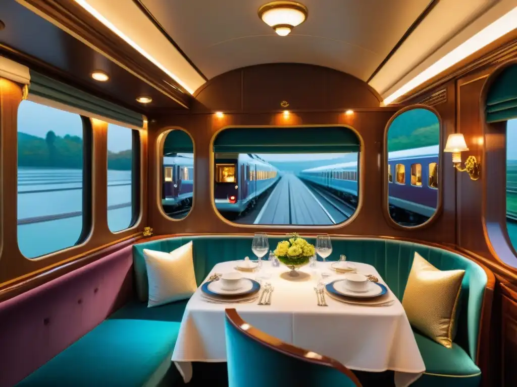 Experiencias culinarias Venice Simplon OrientExpress: Mesa elegante en lujoso tren, con vajilla fina y ambiente opulento