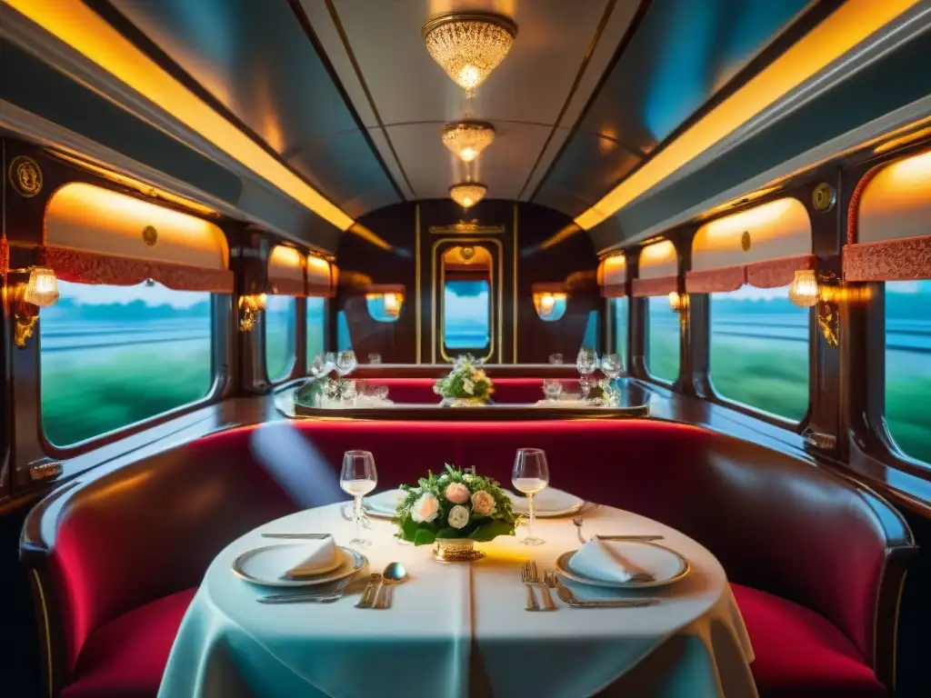 Experiencias culinarias Venice Simplon OrientExpress: Mesa elegante en lujoso vagón de tren, con vajilla fina y flores frescas