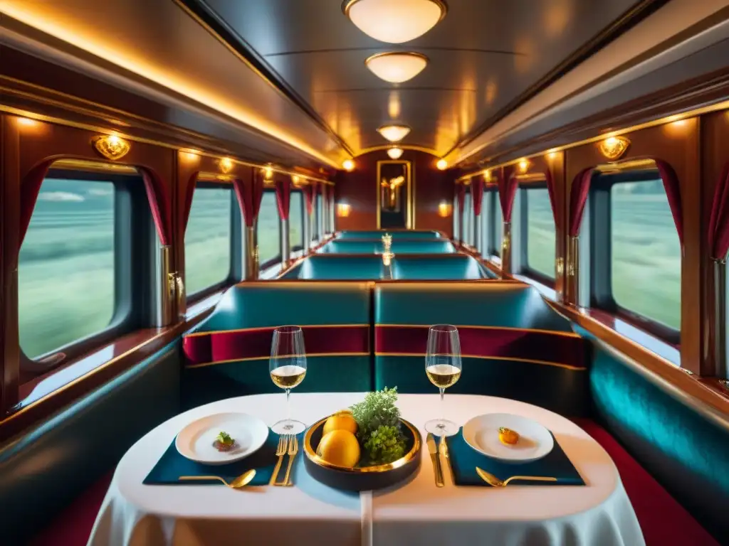 Experiencias culinarias Venice Simplon OrientExpress: Mesa elegante en el lujoso vagón comedor del tren, con fina vajilla y cristalería