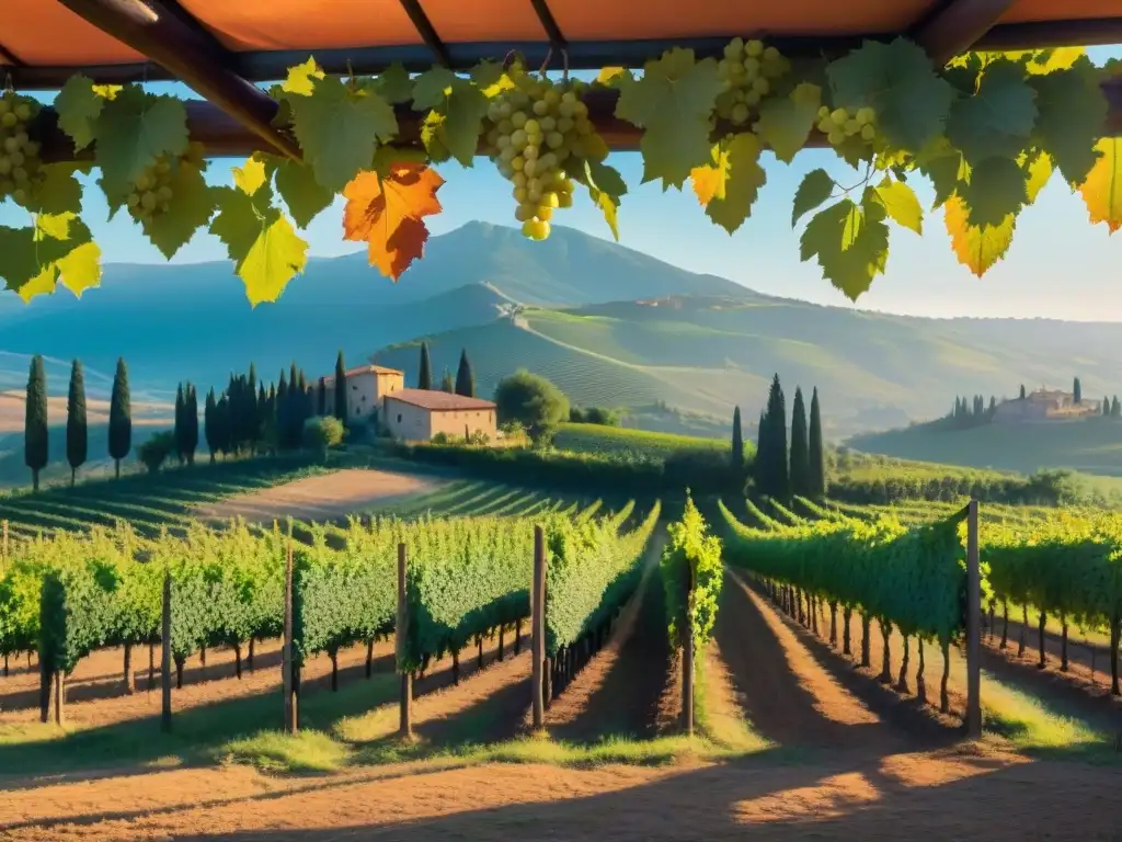 Experiencias enológicas premium en Toscana: viñedo al atardecer con visitantes disfrutando de una cata de vinos entre viñedos y una bodega rústica