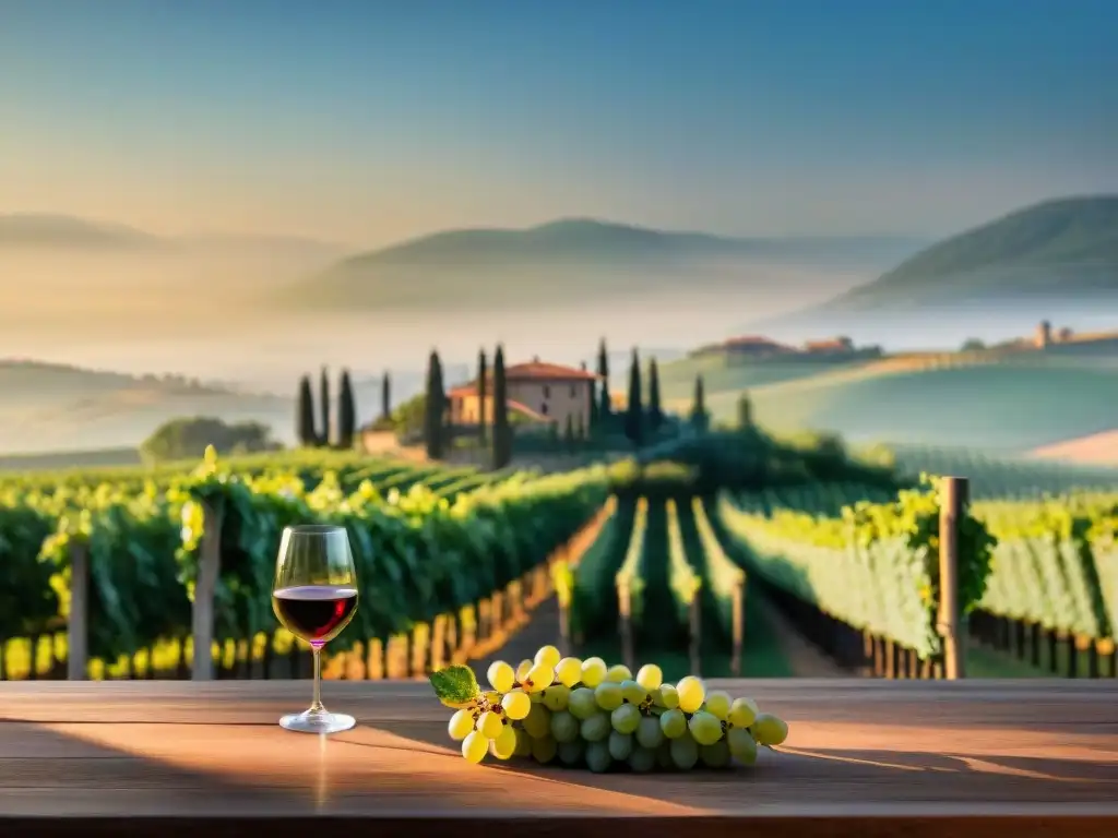 Experiencias enológicas premium Toscana: Viñedo toscano al amanecer, con viñedos verdes, bodega y catadores