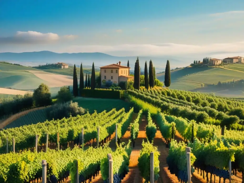 Experiencias enológicas premium en Toscana: viñedos, cosecha de uvas y villa histórica bajo cielo azul